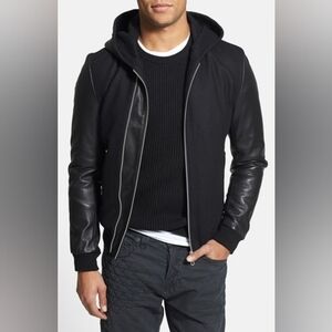 Ace' Wool Blend Hooded Bomber Jacket Leather Sleeves Men's Large 7 Diamaonds